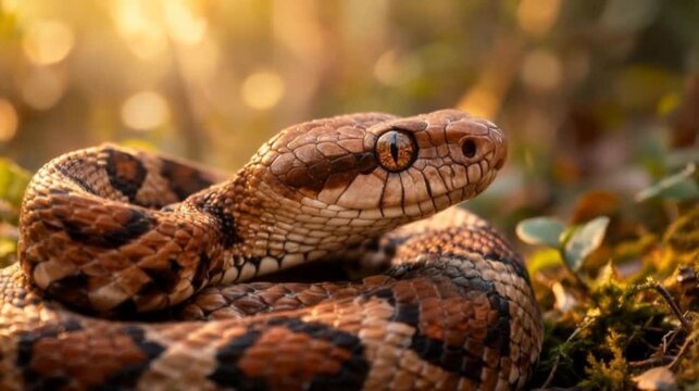 agkistrodon contortrix copperhead snake close up at golden light in virginia forest video