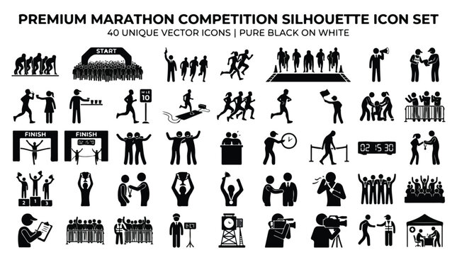 Premium marathon competition silhouette icon set, 40 unique vector icons of running race events, black athletic sports figures on white background