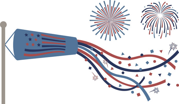 Wind sock designed with American flag patterns streams in the air alongside festive fireworks.
