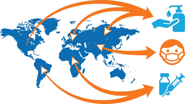 World map displays arrows connecting global regions to icons representing health, hygiene, and medical care.