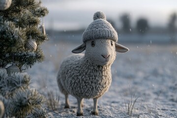 Obraz premium A Cute Fluffy Wool Lamb Sitting Wearing A Cozy Knitted Winter Hat In A Snowy Christmas Tree Setting.