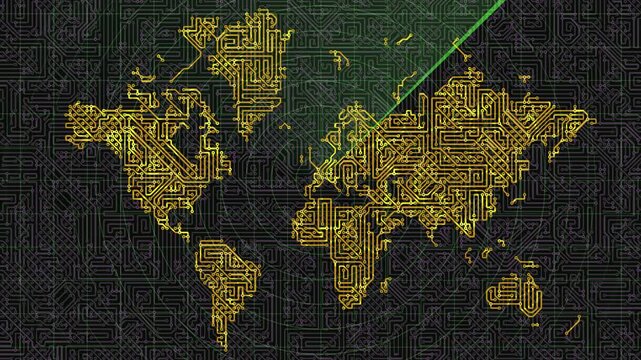 Glowing circuit board world map animation for cyber security and global digital connectivity, featuring an intricate network of modern technology and electronic surveillance