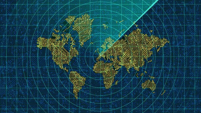 intricate circuit board world map with rotating radar scanline loop, cyber security and digital surveillance, global technology and interconnectedness