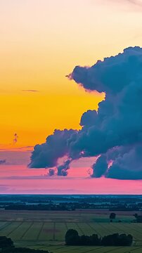 Dramatic time lapse of a huge, dark thunderhead cloud forming against a colorful twilight sky.