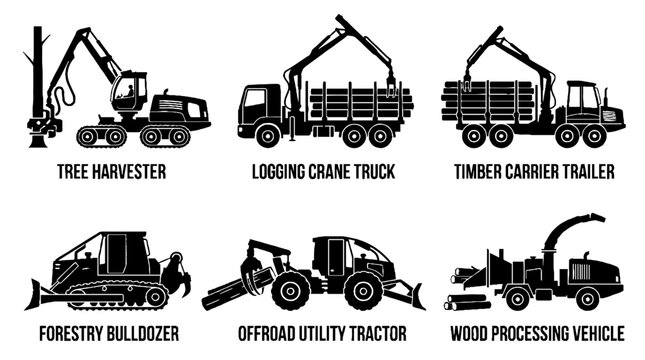 Set of silhouettes of industrial forestry and logging machinery vehicles.