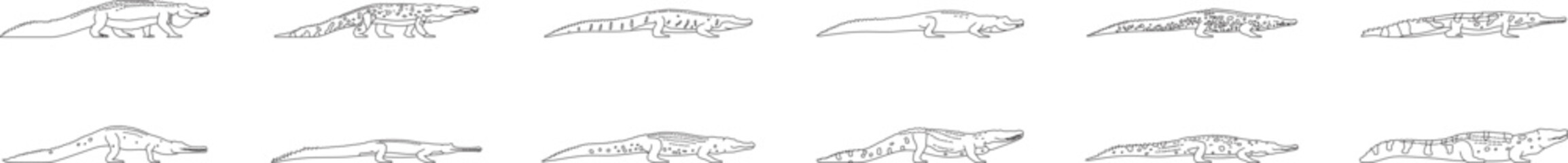 Obraz premium Crocodile collection, line art, alligator, symbol, side view, wildlife, blueprint, editable stroke, vector, illustration