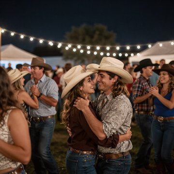Horror Cowboy Expression. Lively Outdoor Country Dance Gathering Featuring Joyful People In Western Attire Enjoying A Fun Community Event At Night