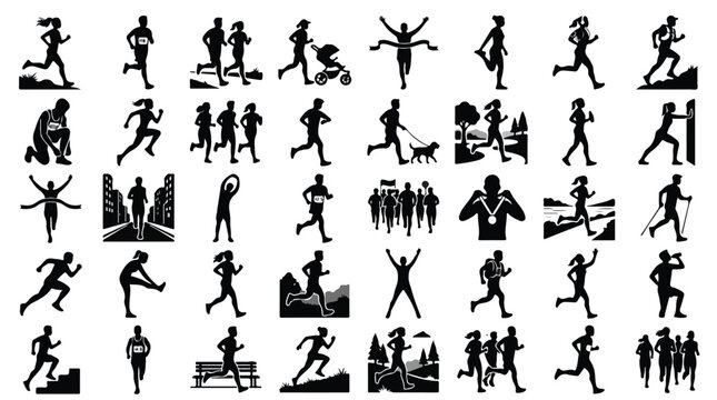 Running silhouettes set, 40 jogging icons and marathon athlete vector elements, black sport people figures for fitness and racing design