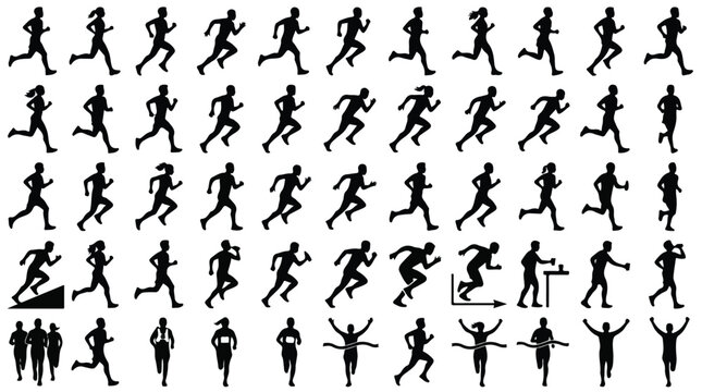 Running man and woman silhouette set, marathon athlete icons collection, black jogging figures in motion, sports and fitness vector elements