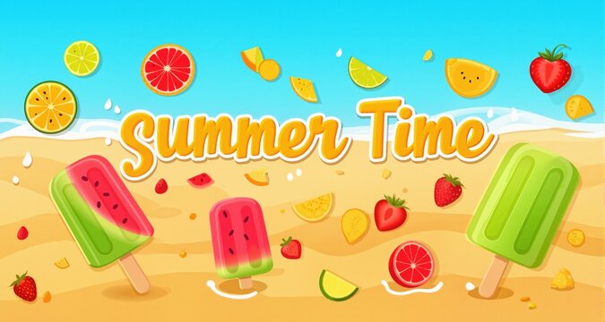 Summer time vector poster set. It's summer time  text with popsicle sliced fruits in sand background. Vector illustration summer holiday design.
