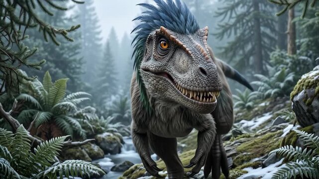 Yutyrannus, Yutyrannus huali feathered Cretaceous dinosaur in snow, prehistoric predator, scientific reconstruction