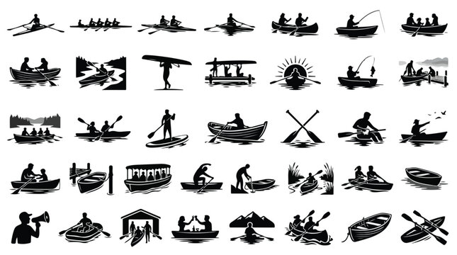 Boating and rowing silhouette icons, 35 watercraft vector elements, black canoe and kayak symbols, outdoor lake recreation and fishing boat set