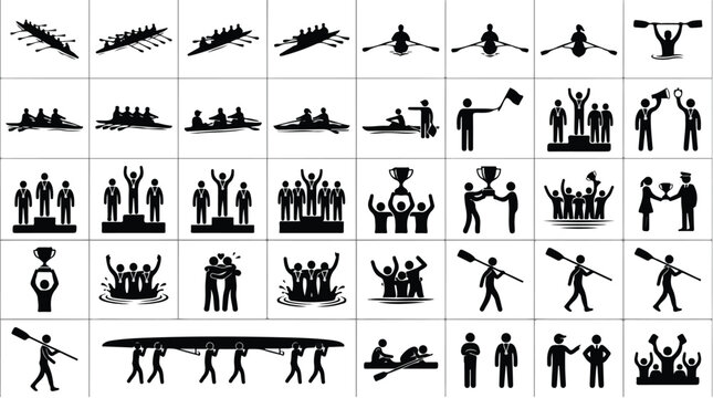 Rowing and sculling sport icons set, 40 black vector silhouettes of rowers and athletes, competitive water sports and podium winners collection