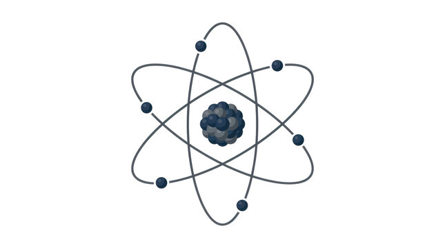 A stylized illustration of an atom with electrons orbiting a nucleus, representing science and energy in a minimalist blue and grey palette against a white background.