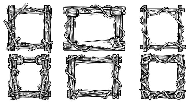 Rustic wooden borders decorated with carpentry tools including hand planes, hammers, and saws in detailed sketch style for woodworking projects.