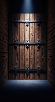 Heavy, solid wooden barrier completely obstructing a dark passageway, emphasizing restriction, closure, and impossibility of access, gate, denied, obstruction