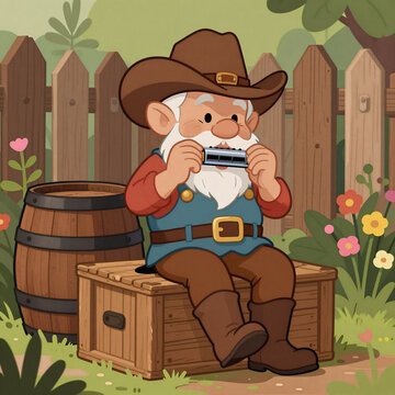 Art Deco Cowboy Fun. A Cartoon Gnome, Cowboy Hat And Boots, Harmonica Playing On A Wooden Crate Next To A Barrel