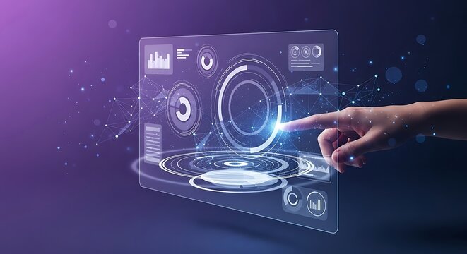 Hand interacting with futuristic digital interface.