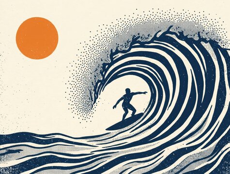 Vintage surfing illustration with surfer silhouette in a barrel wave, retro ocean wave poster art, minimalist sun and sea surf graphic