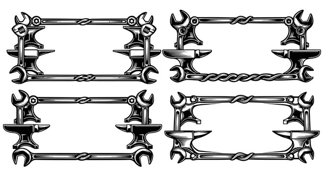 Rectangular tool-themed borders combining adjustable wrenches and blacksmith anvils with rigid metallic frame structures for technical documentation or hardware store layout designs.