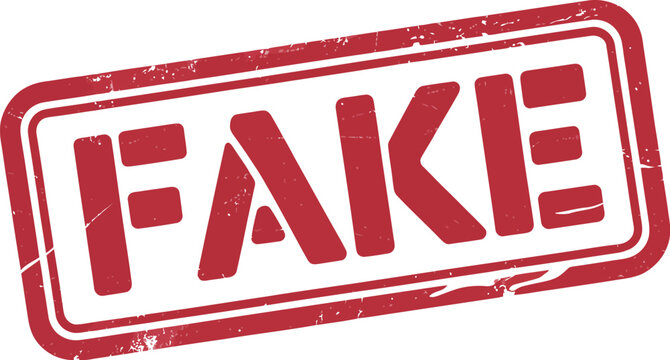 Fake rubber stamp, red ink label for misinformation detection disinformation alert fact checking and false claim verification design.