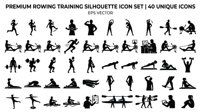 Rowing training silhouette icon set, 40 unique icons for fitness and gym workouts, black athletic sport silhouettes for rowing machine and exercise