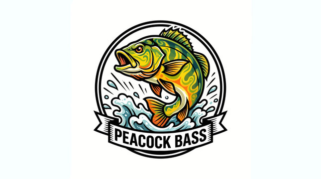 Circular emblem logo featuring a jumping peacock bass with tropical water accents and a Peacock Bass banner