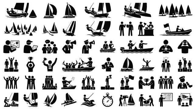 Sailing and yacht racing icons set, 50 black silhouette pictograms of sailboat regatta, nautical sports competition and trophy ceremony vector