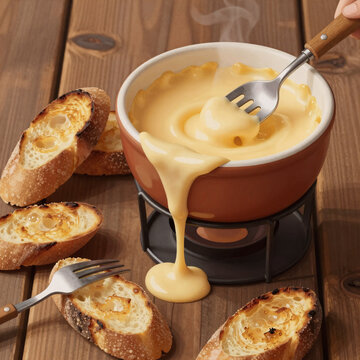 Storybook Illustration Cheese Fondue. Close-Up Of Rustic Table With Hot Cheese Fondue And Toasted Baguette For Dipping