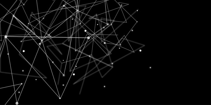 Abstract technology background from lines and dots. Space geometrical backdrop. Image of network of connections with glowing nodes over black background. Data exchange. Digital technology design. 