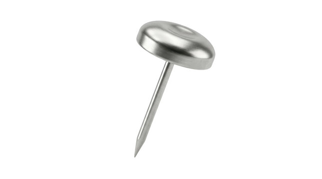 A single silver thumbtack with a shiny head stands alone on a white background