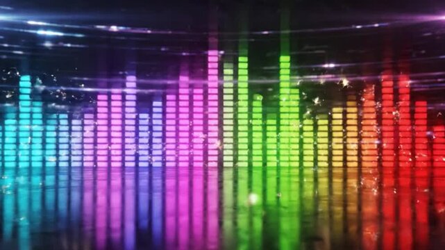 Vibrant colorful sound wave bars with bright lights on dark background for music or audio visual representation