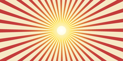 Red sunburst lines on yellow Background. Light sun rays pattern. Vintage stripes halftone radial wallpaper for poster, banner, advertising backdrop, comic or circus scene. © Hendra