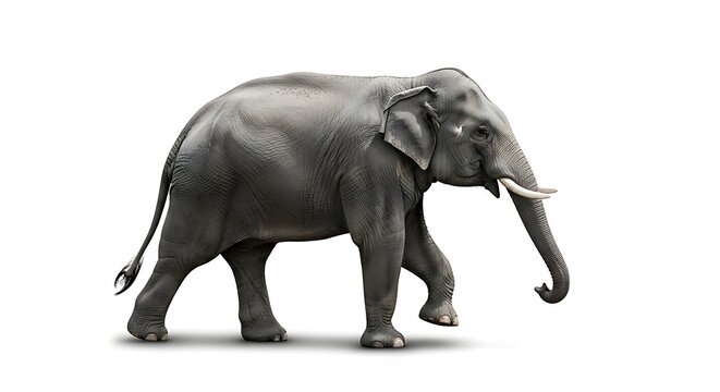 Gray elephant walking on white background.