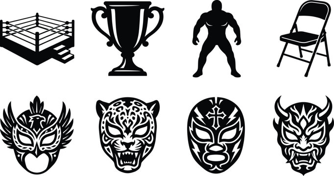 Professional Wrestling and Mexican Lucha Libre Silhouette Icon Set Isolated on White Background