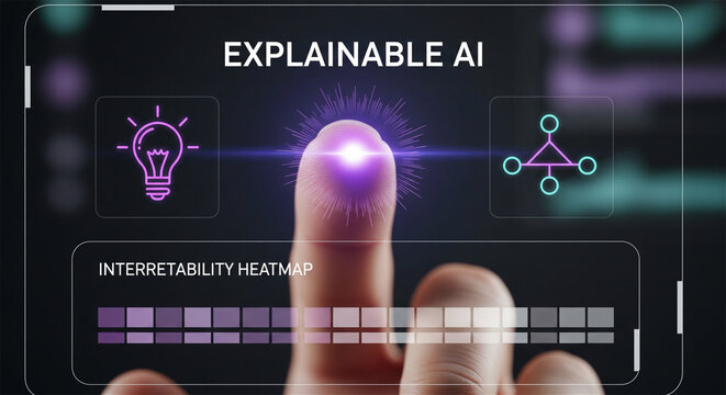 Explainable AI interface with human finger touching digital screen, interpretability heatmap and artificial intelligence data visualization