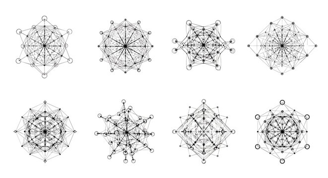 Geometric node clusters featuring symmetrical circular vertices and thin interconnecting lines arranged in a clean grid for technical and scientific data visualization projects.