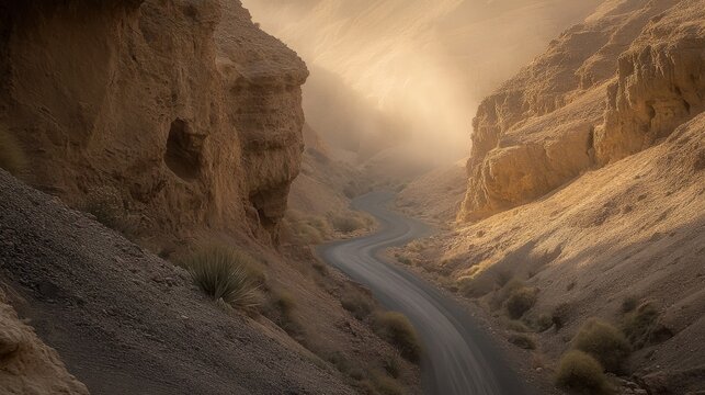 A dusty, winding dirt road carves through a narrow desert canyon with towering, sun-drenched rock formations
