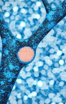 Microscopic view of synthetic biology cellular engineering with glowing blue network and central node