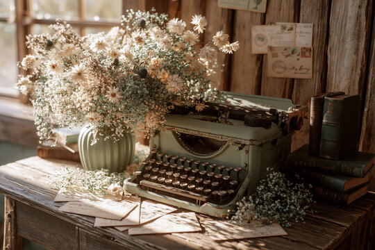 Vintage inspired writing desk with typewriter, dried flowers on vase, old postcards, nostalgic cottagecore 