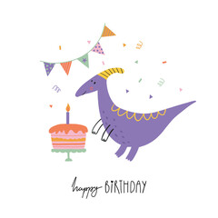 Cute birthday card with a cheerful dino and birthday cake. Playful hand drawn dinosaur illustration with festive bunting and confetti for kids invitations, greeting cards and party decor. © Irina Ostapenko