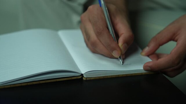 Close view of hands writing notes in notebook during podcast planning session indoors, journaling for remembrance