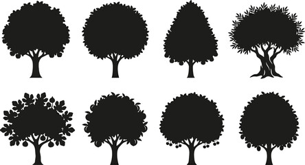 Fruit tree and orchard branch silhouettes set isolated on white background for garden and agricultural designs © Mukta