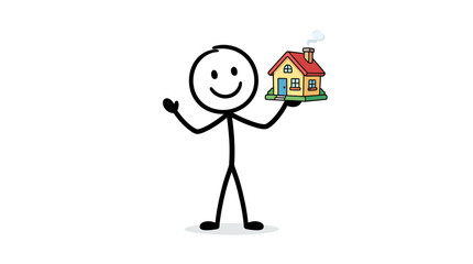 Fototapeta premium Stick figure holding a house smiling.