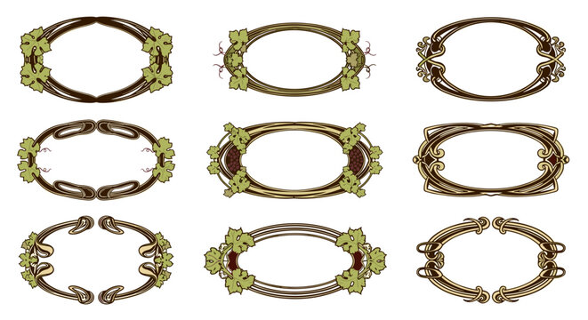 Ornate oval wine labels decorated with grapevine leaves and tendrils for premium winery branding and sophisticated beverage product packaging.