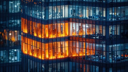 Plakat Modern glass skyscraper office building interior illuminated at night with warm orange glow