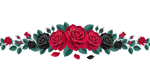 Decorative floral border with red and black roses and falling petals set against a plain transparent background
