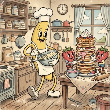 Vintage rubber hose cartoon banana chef cooking pancakes. Retro fruit characters in a rustic kitchen. Whimsical breakfast food illustration.