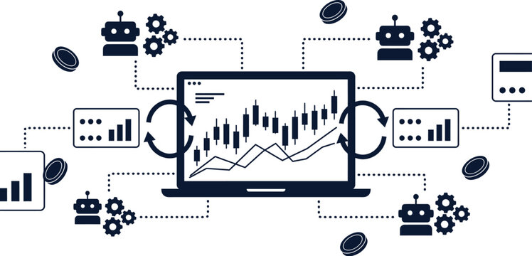 Laptop displays a central stock market candlestick chart connected to automated trading bots.