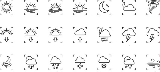 Fototapeta premium Weather forecast line icon set featuring sun moon clouds rain snow lightning tornado sunrise and wind symbols for meteorology climate and environment concepts